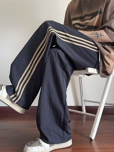 Summer American sweatpants loose thin three-bar new quick-drying ice silk pants men's wide-leg casual pants