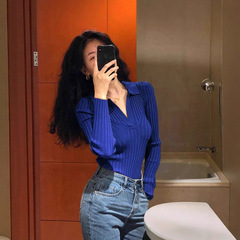 法式克莱因蓝V领套头针织打底衫女2025秋季新款蓝色毛衣内搭上衣