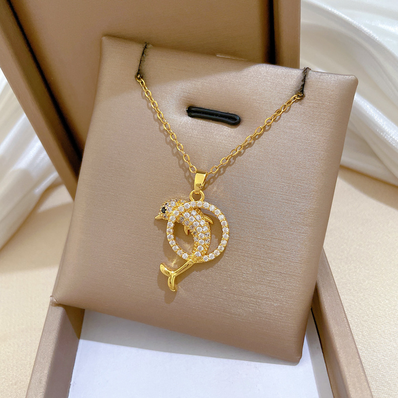 Titanium Steel Dolphin Necklace With Full Diamond Inlay Elegant_voghion.com