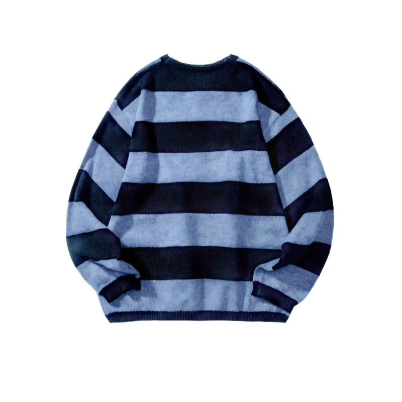 Cross-border men's and women's autumn and winter blue-black and black-red contrast striped round-neck sweater, loose and casual pullover knitwear