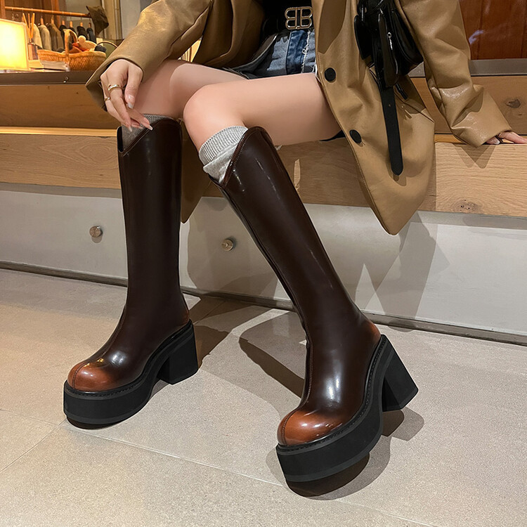 Retro thick-soled high-top Western boots Women's cowhide wedge knee-length boots 2023 new winter high-heeled Knight boots