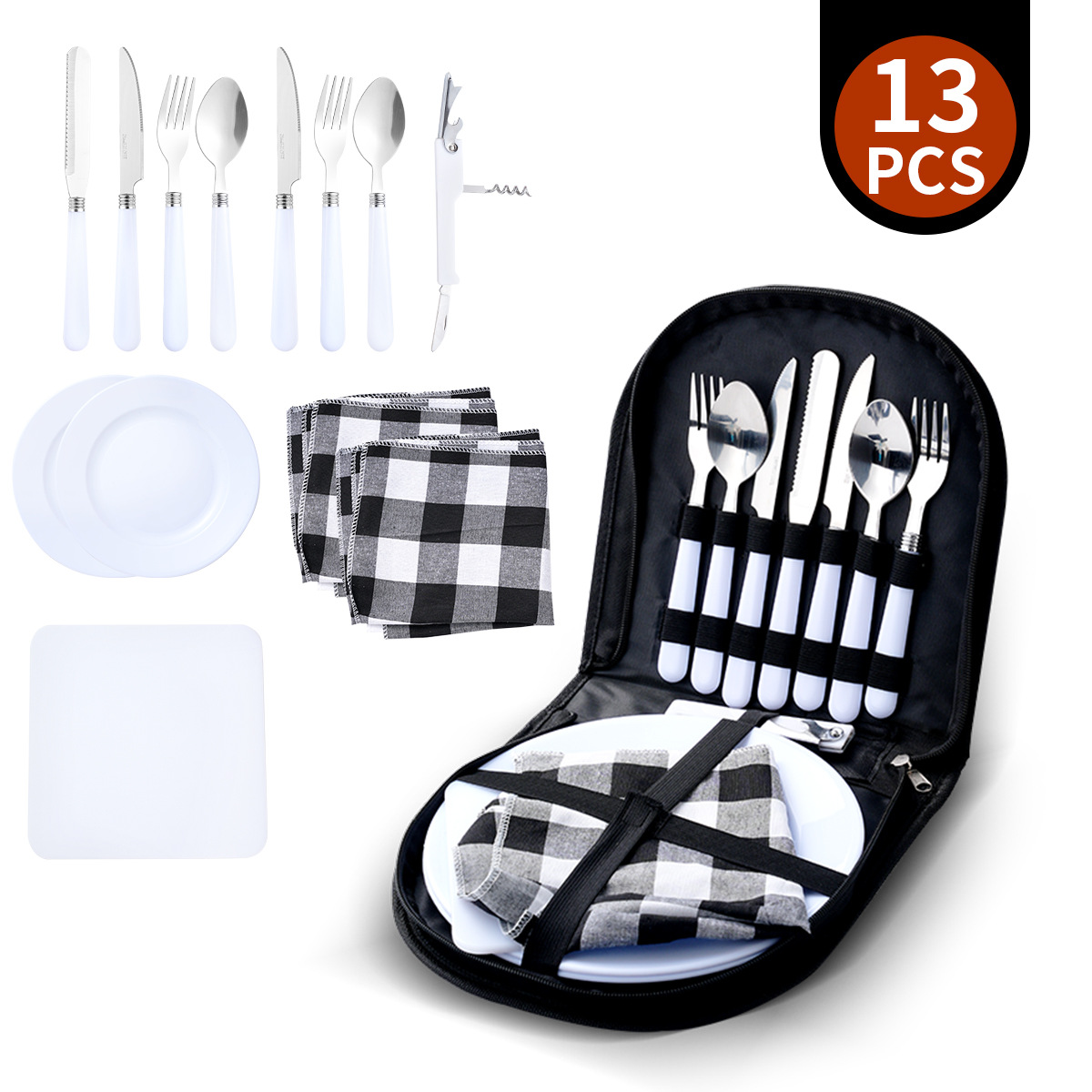 흰색 손잡이 13 조각 세트 (2 명)