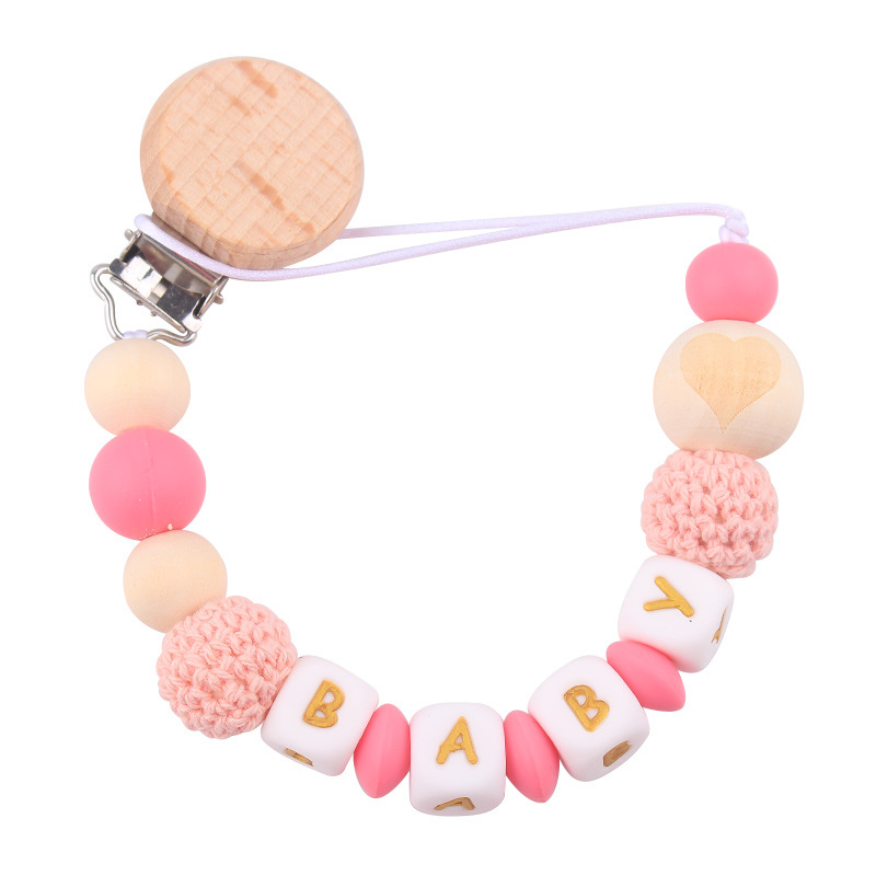 Productos para bebés abrazadera de tetina plana redonda de beech letras de silicona nombre de bebé DIY calmar tetina cadena de prevención de caída cadena