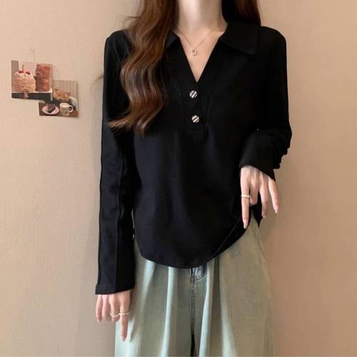 2025 New Design Polo Long-Sleeve T-Shirt for Women - Summer Slim Fit Top, Square Shoulder, Casual V-Neck T-Shirt, Outerwear Trendy