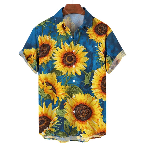 外贸亚马逊夏季薄款舒适开衫 向日葵3D数码印花男式沙滩衬衫