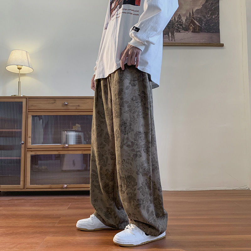 Pantalones vintage marrón Jacquard completo impreso overoles de pierna ancha primavera americana calle pantalones casuales sueltos