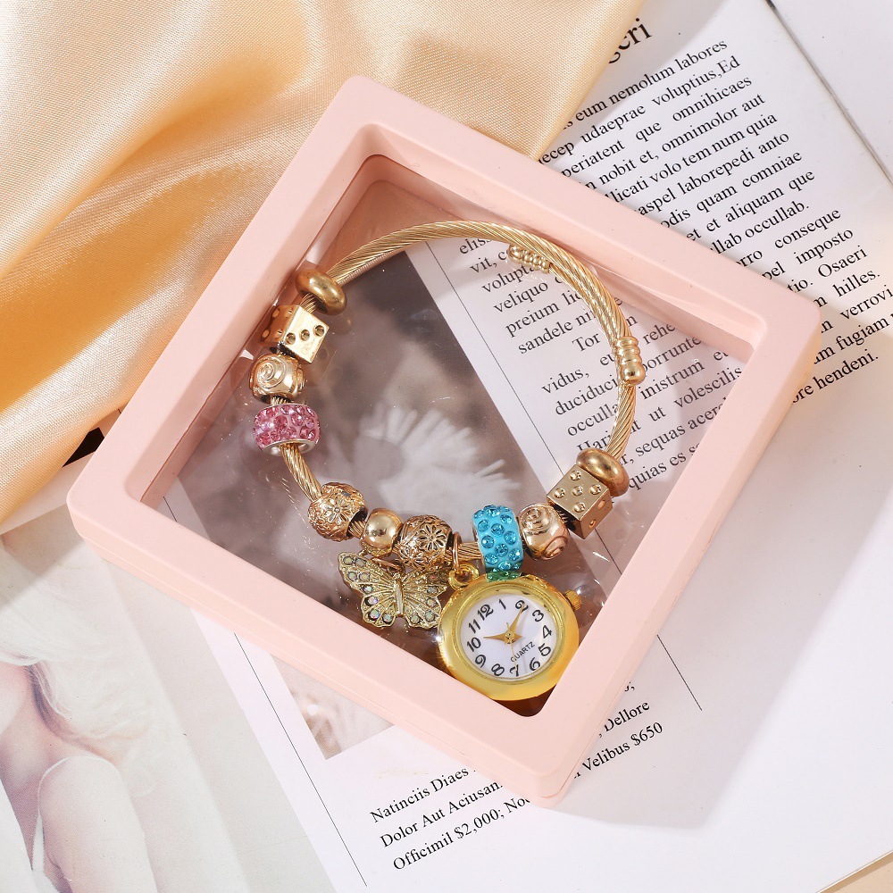 Cross-Border Gold Bracelet Watch Adjustable Opening Alloy Bracelet Quartz Watch Beaded Flower Pendant Couple Watch
