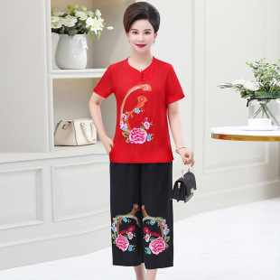 Han Dynasty Tang Suit Women's Short-Sleeved Casual Suit Mother's Summer Dress Middle-Aged and Elderly Chinese Style Women's Clothing Elderly Grandma Clothes