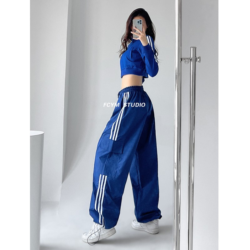 American retro three bars outdoor hiking overalls Women's Spring and Autumn New wide leg sports pants high waist mopping pants
