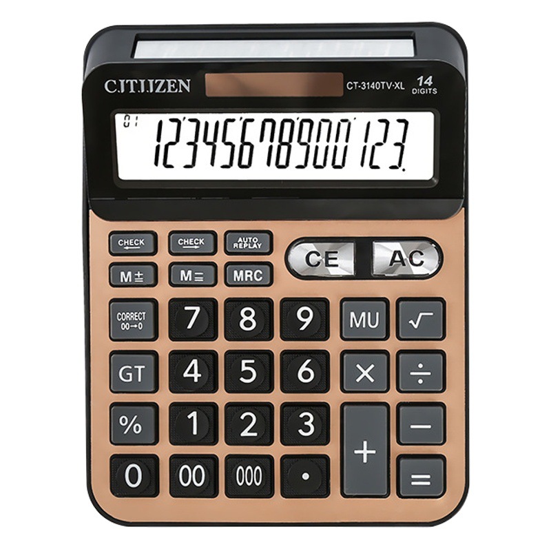 CT-3140TV multifuncional Pantalla de doble cara Ordenador de 14 bits solar de doble potencia Calculadora de oficina de contabilidad