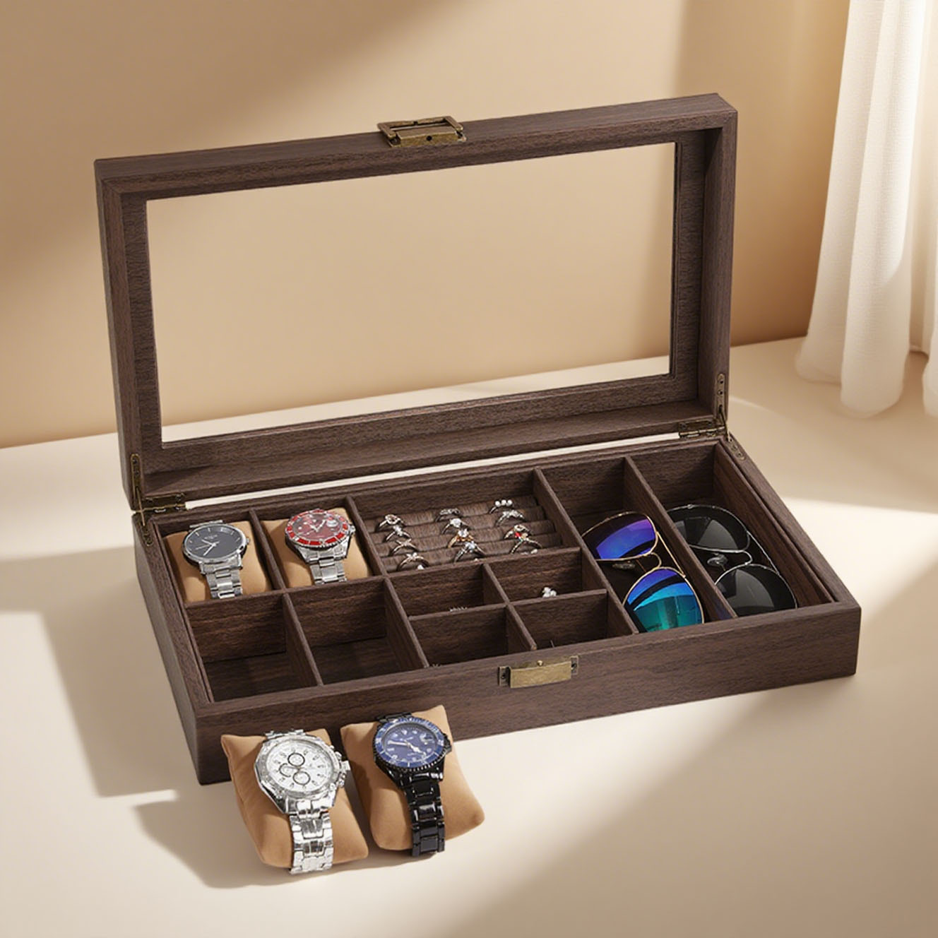 Retro Wood Grain Leather Steel Band Watch Display Box Sunglasses Jewelry Storage Box Ring Earrings Toy Collection Box