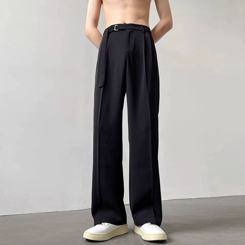 Summer thin casual trousers, men's trend, draping, high-end straight pants, high-street, handsome, black wide-leg pants