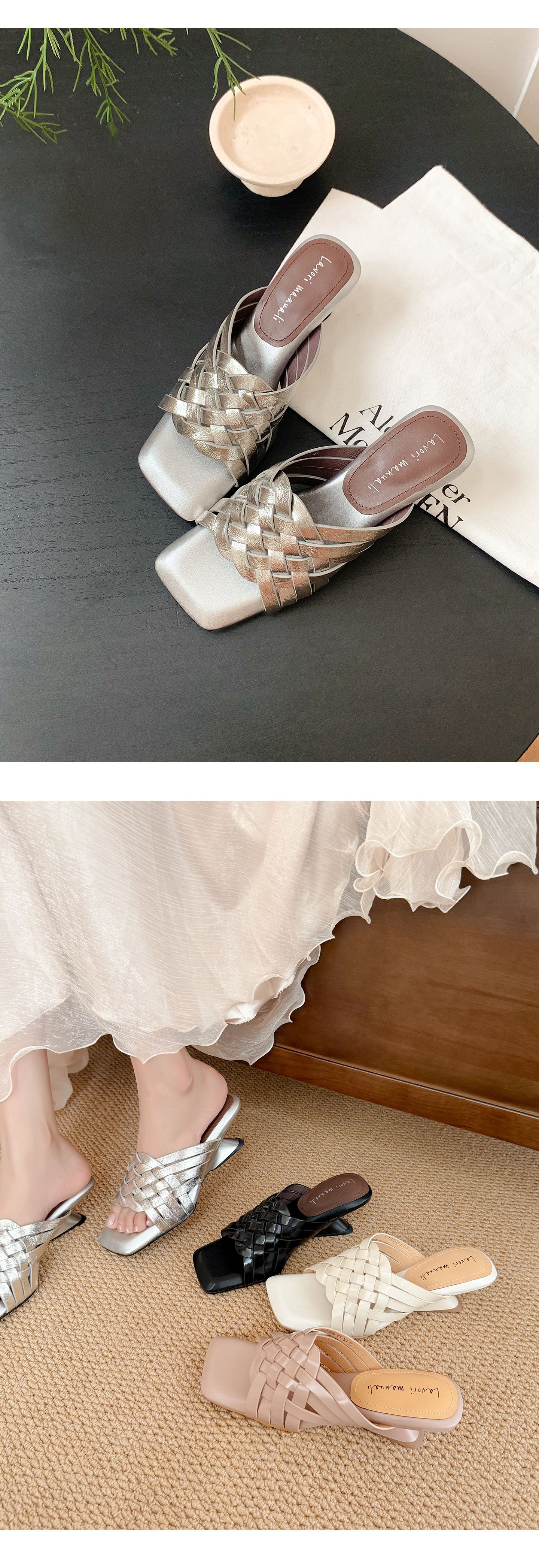 Sandal cao gót nữ mũi vuông đan chéo, gót xuồng 9 cm — Trần truồng hồng, màu đen, màu trắng ngà, bạc chi tiết 18