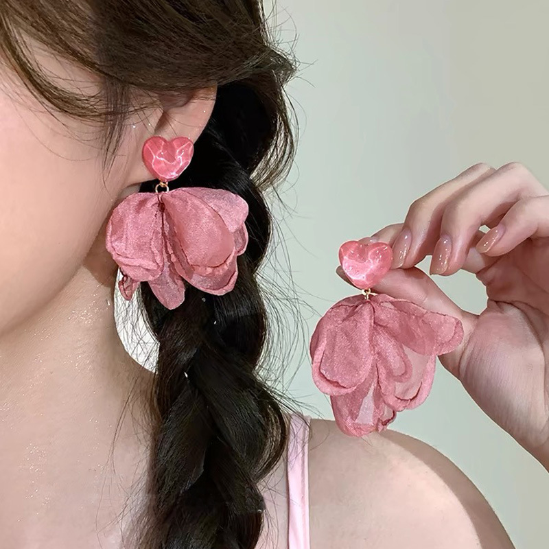 Orecchini a forma di cuore e fiore coreani in argento per donna_voghion.com