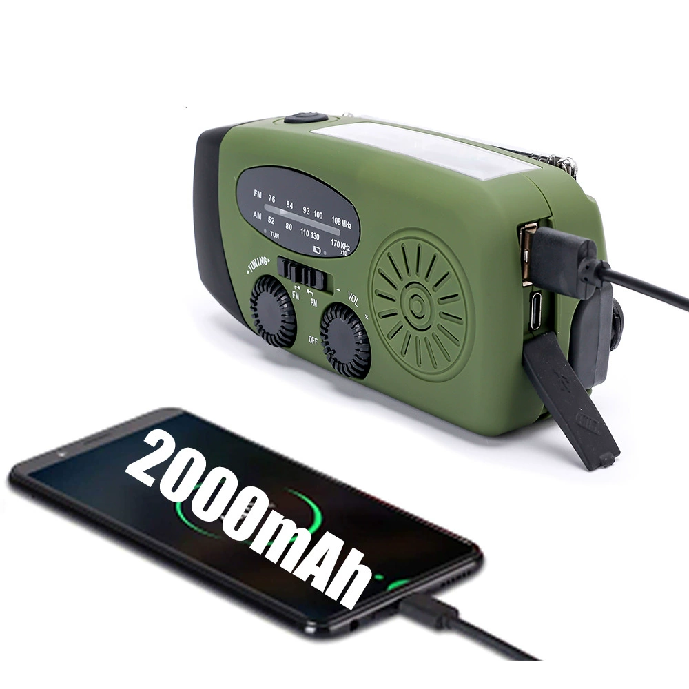 Солнечный ручной кривошипный аварийная погода NOAA радио с 3LED фонарик 2000mAh Мобильный источник питания