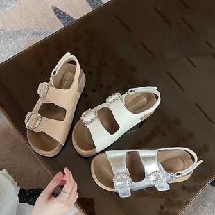 silver thick-soled rhinone buckle Birkenn sandals women's outdoor wear 2025 new style comfortable all-match one-word beach sandals