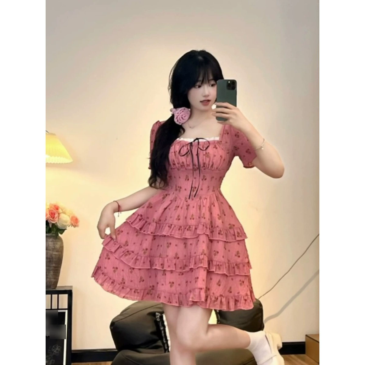 Французское милое платье больших размеров с короткими рукавами для женщин, летняя юбка-тортик с талией, слегка толстая юбка принцессы с рюшами мм