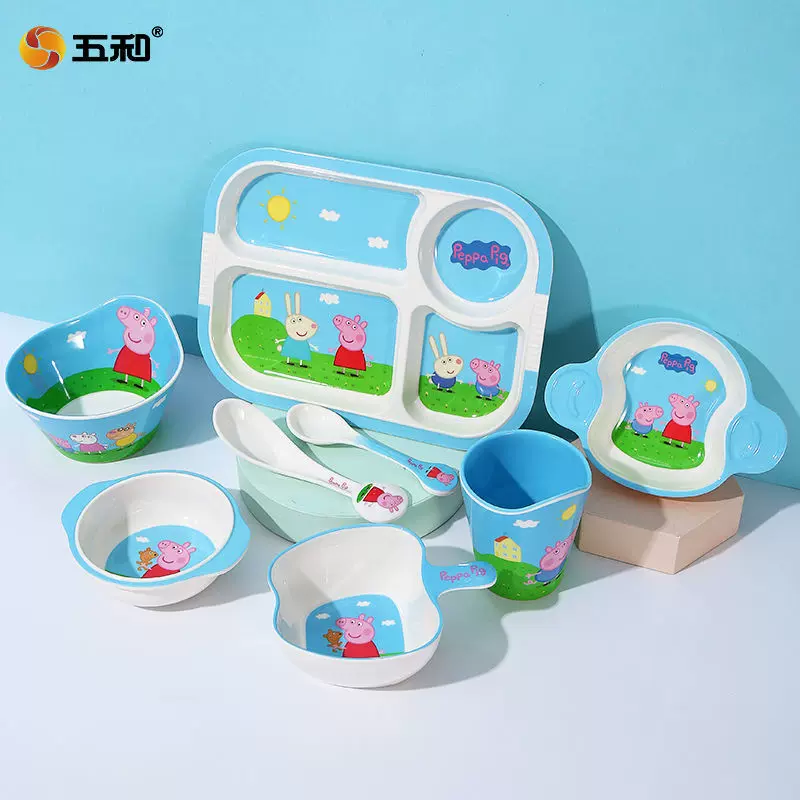 五和密胺餐具高颜值卡通儿童餐具分格餐盘宝宝辅食儿童碗水杯批发