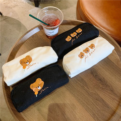 【】2113 Cute Bear Embroidered Canvas Pen Case Japanese Student Stationery Box Large Capacity Storage Bag
