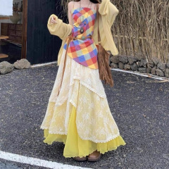 波西米亚度假风穿搭格子吊带叠穿蕾丝半身裙2025秋季新款套装女潮