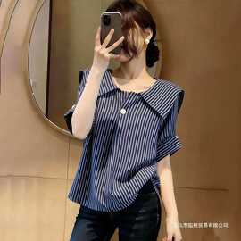 条纹娃娃领衬衫显瘦百搭2026夏新款显瘦女短款上衣