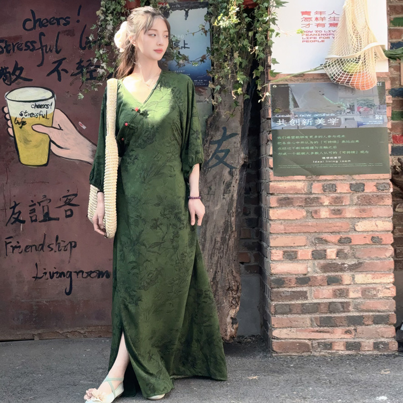 V-Neck New Chinese Style Wrap Dress Cotton Silk Summer Cross Loose Long Sleeve Slimming Women's Dress