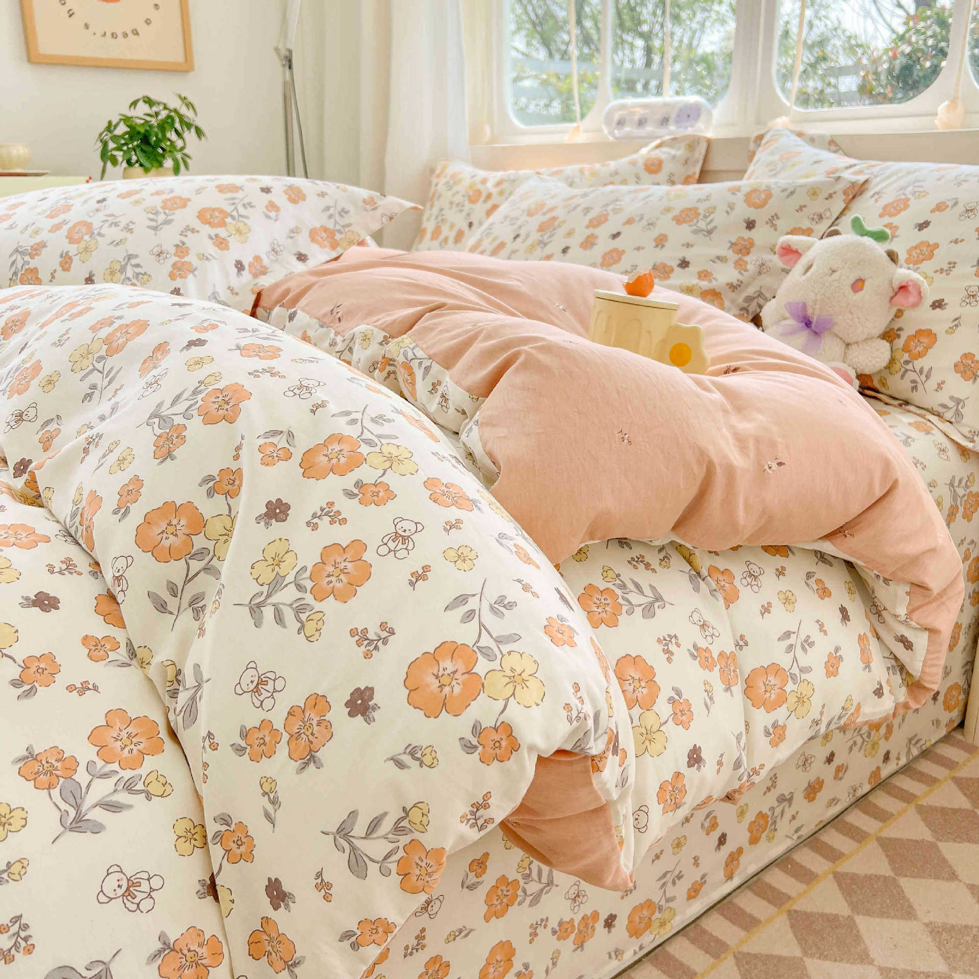 Juego de cuatro piezas de algodón fresco, juego de tres piezas de algodón, funda de edredón gruesa para el hogar, sábana de dormitorio, lijado, cama individual para estudiantes