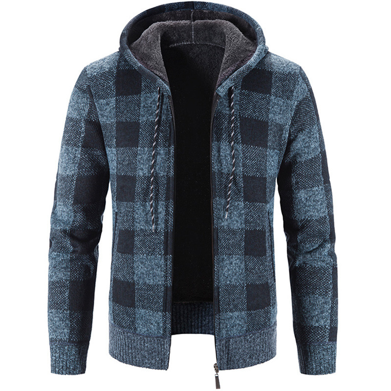 Nuevo cárdigan de hombre para otoño e invierno, suéter tejido grueso con capucha y cremallera, chaqueta a cuadros para hombre.