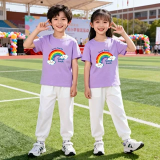 亲子款七彩虹白色长裤夏季薄款活动演出儿童服套装两件套短袖T恤