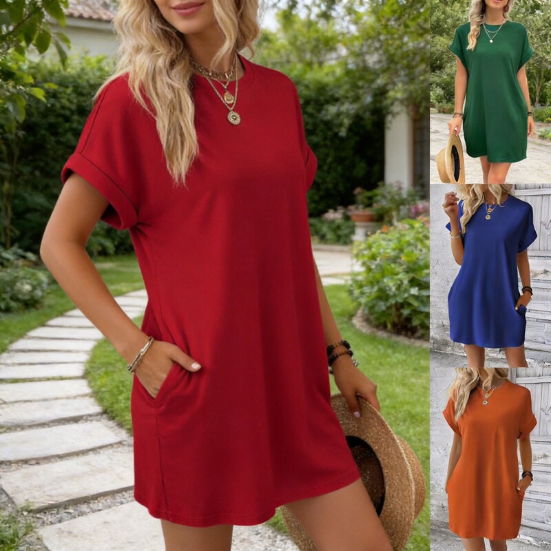 Amazon 2024 New Full-Body Dress European and American Cross-Border Women's Outerwear Round Neck Pocket Short-Sleeve Dress