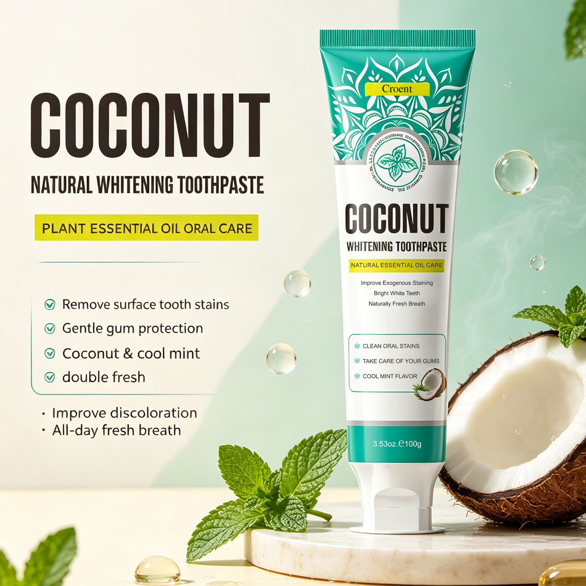 Cross-border, all-English label, concentrated coconut oil toothpaste, whitening toothpaste, for fresh breath, 100g