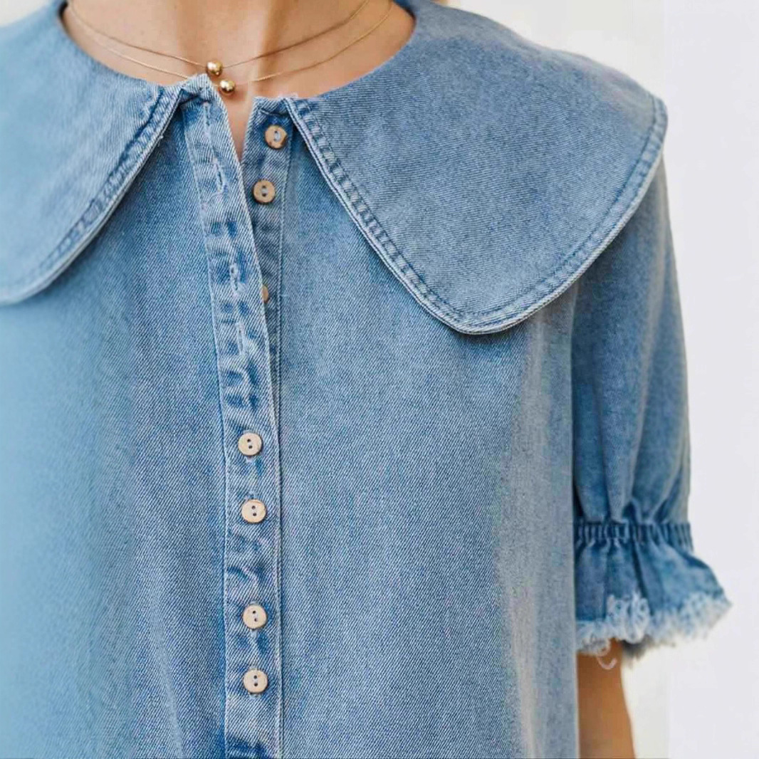 Women's Summer Denim Dress New Arrival Lapel Loose Ruffle Style_ecoleips.com