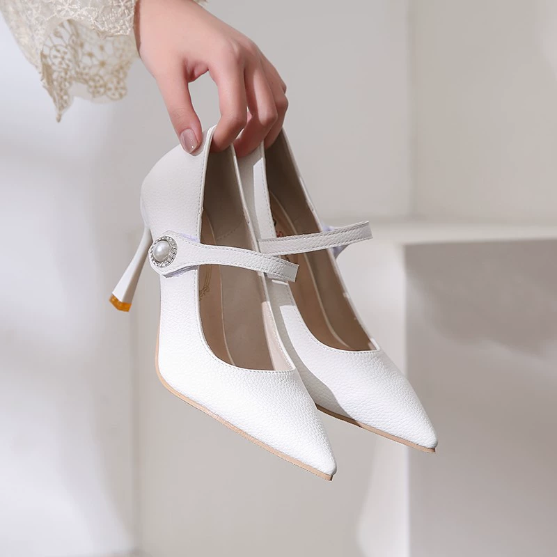 Туфли на высоком каблуке женский каблук с жемчужным белым цветом 2024 весна и осень новый ретро темперамент