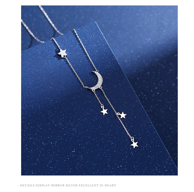 925 Sterling Silver Material Star, Moon Pattern 925 Sterling Silver Zircon Cable Chain Plating Star Moon Pendant Necklace