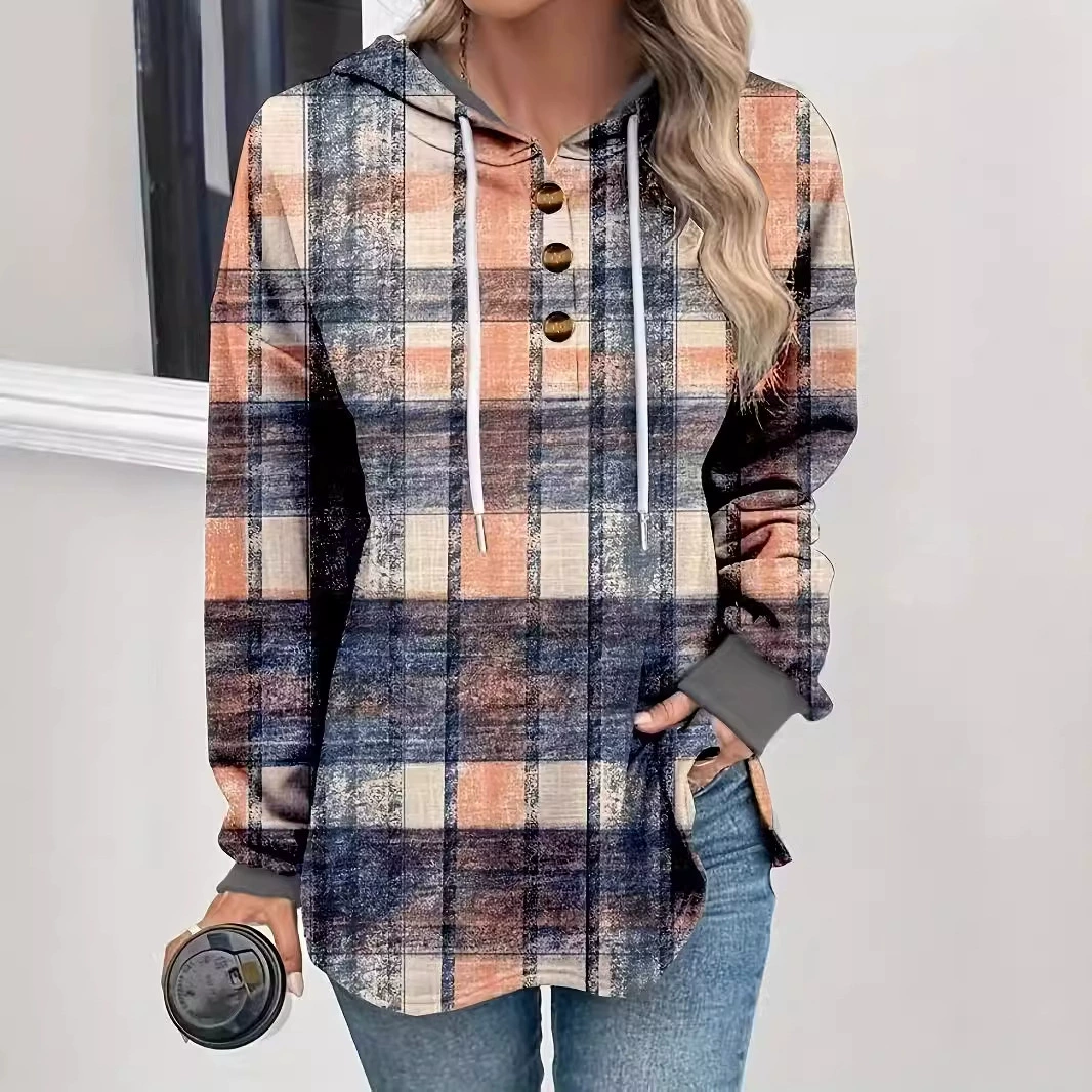 2024 Европа и США TEMU трансграничный wish внешняя торговля женская одежда повседневная полосатая клетчатая пуговица с капюшоном большого размера женская одежда
