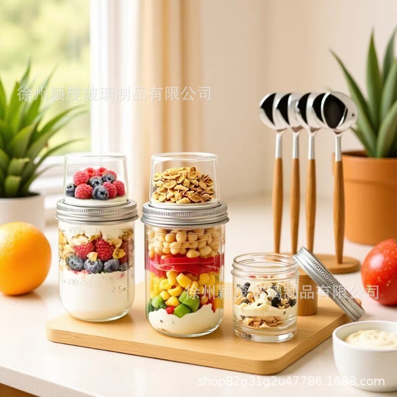 Amazon Mason Jar Transparent Glass Oatmeal Cup Breakfast Cup Overnight Sealed Jar Salad Yogurt Oatmeal Glass Cup