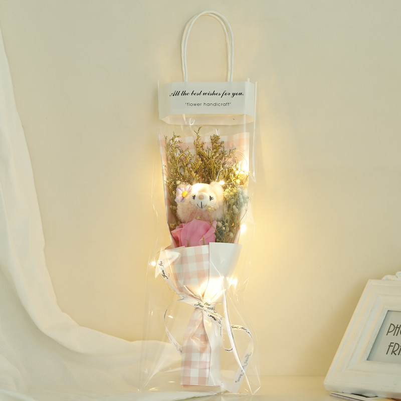 핑크 격자 무늬. 링나 벨 + 핑크 로즈 [램프가있는 선물 가방]