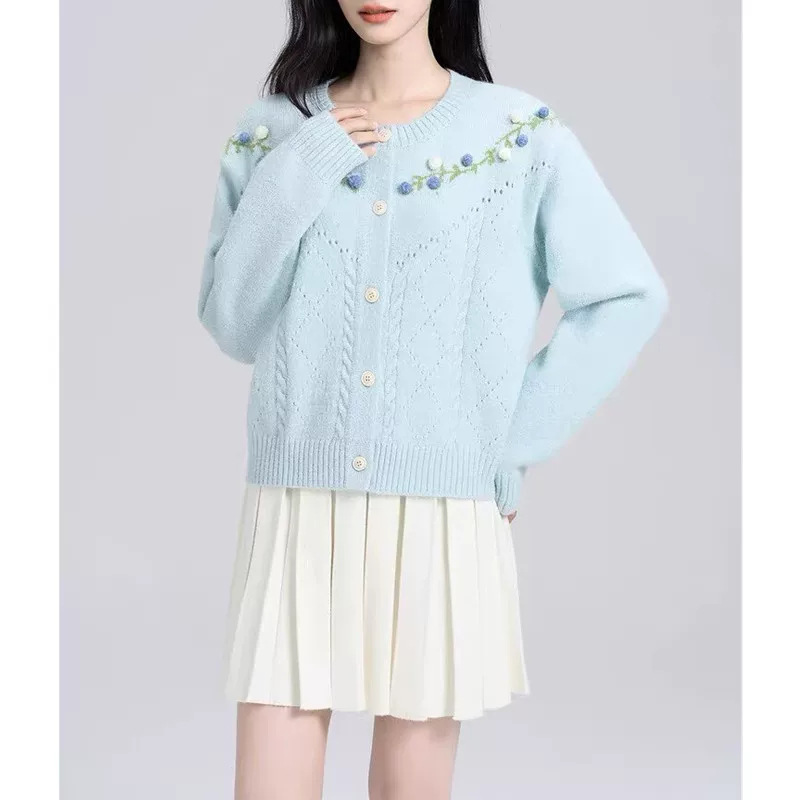 韩系早秋蓝色毛衣外套女春秋新款镂空提花洋气百搭针织开衫上衣女