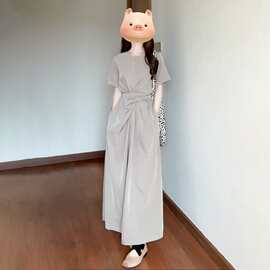 小众设计交叉绑带短袖连衣裙夏季女气质高级感收腰显瘦A字长裙子