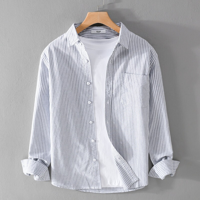 Summer Men's Oxford Striped Long-Sleeve Shirt Trendy Casual Loose Versatile Fresh Simple Men's Shirt Jacket Wear Summer Men's Oxford Striped Long-Sleeve Shirt Trendy Casual Loose Versatile Fresh Simple Men's Shirt Jacket Wear