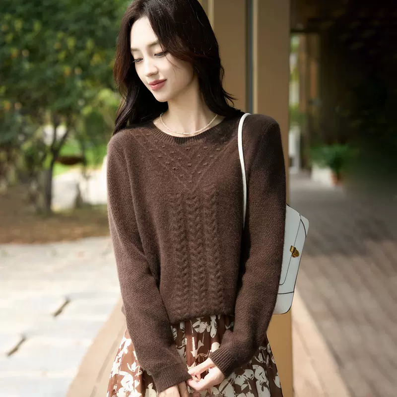 法式100%纯羊毛圆领扭花羊毛衫女2025年秋冬款宽松显瘦打底衫毛衣