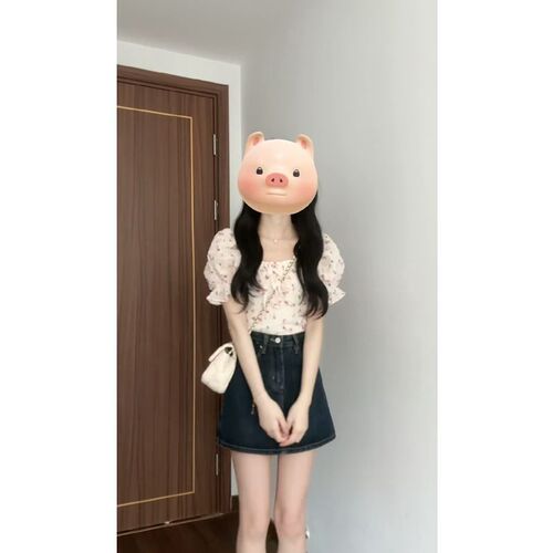 Women's 2024 Summer New Arrival Korean Style Youthful Floral Square Collar Short-Sleeve Shirt Top High-Waisted Denim Skirt Set