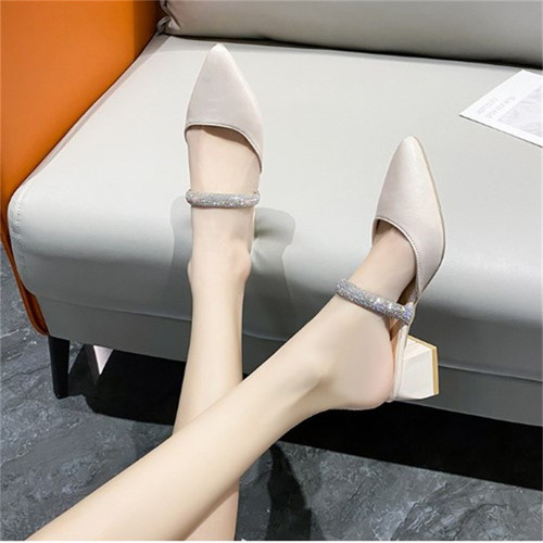  New Baotou Half Slippers Women's Summer Outerwear Thick Heel Pointed Toe Mules Fashionable Rhinestone Fairy High Heel Sandals