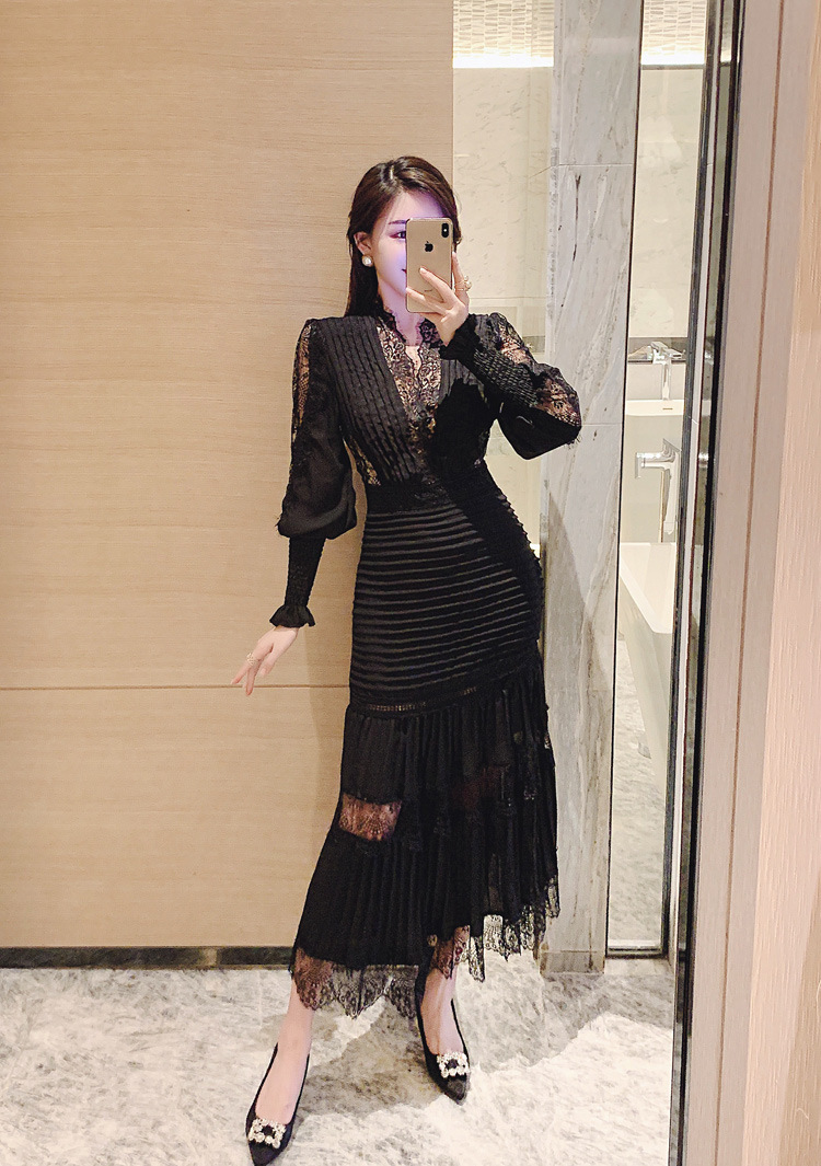 Women Black Long Dress Lantern Sleeves Lace V Neck Pleated Party