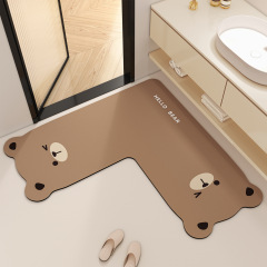 かわいい動物L型浴室マット耐摩耗性家庭用珪藻泥マットトイレ吸水速乾滑り止めマット