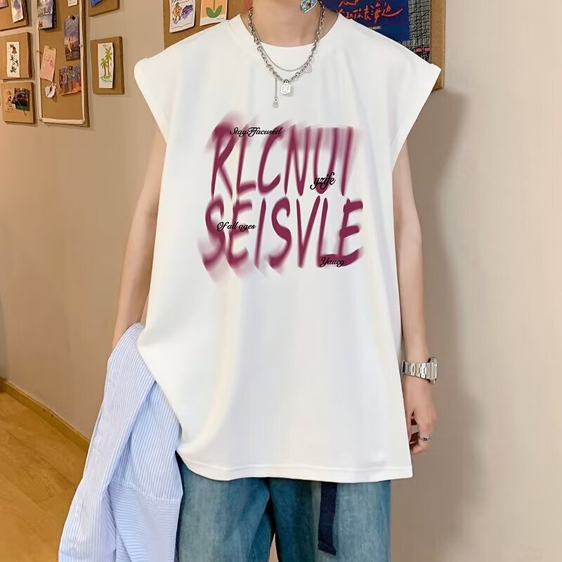 American-style High Street Pure Cotton Sleeveless Vest Men's Summer All-match Loose Fuzzy English Printed Sports Waistcoat T-shirt Top