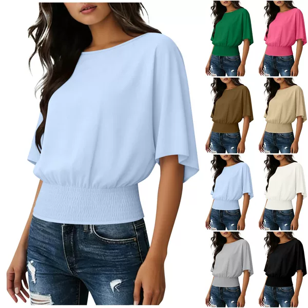 2026 Amazon European and American Cross-Border Solid Color Fashion Loose Oversized Casual Short-Sleeve Ruched Round Neck T-Shirt Top for Women