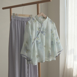4735 "Moonfall Evening Boat" Original New Chinoiserie 2025 Summer New Butterfly Print Oblique Lapel Top