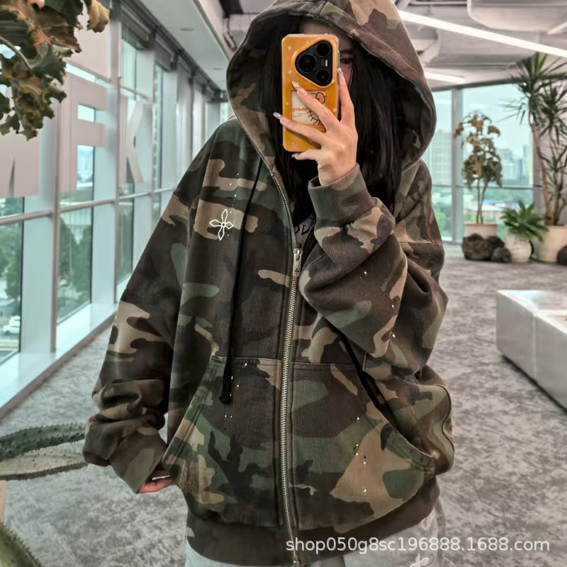 SMFK十字雕像阔身拉链帽衫刺绣纯棉休闲开衫外套男女同款25秋新款|undefined