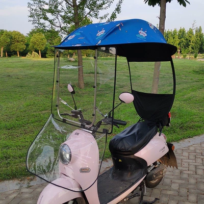 steel motorcycle umbrella, electric | Elektromobil üçün ön şüşə çətiri (günlük) - stainless-steel-blue-rabbit-edge-trimmed-model-front-rain-curtain-car-equipped-with-rearview-mirrors